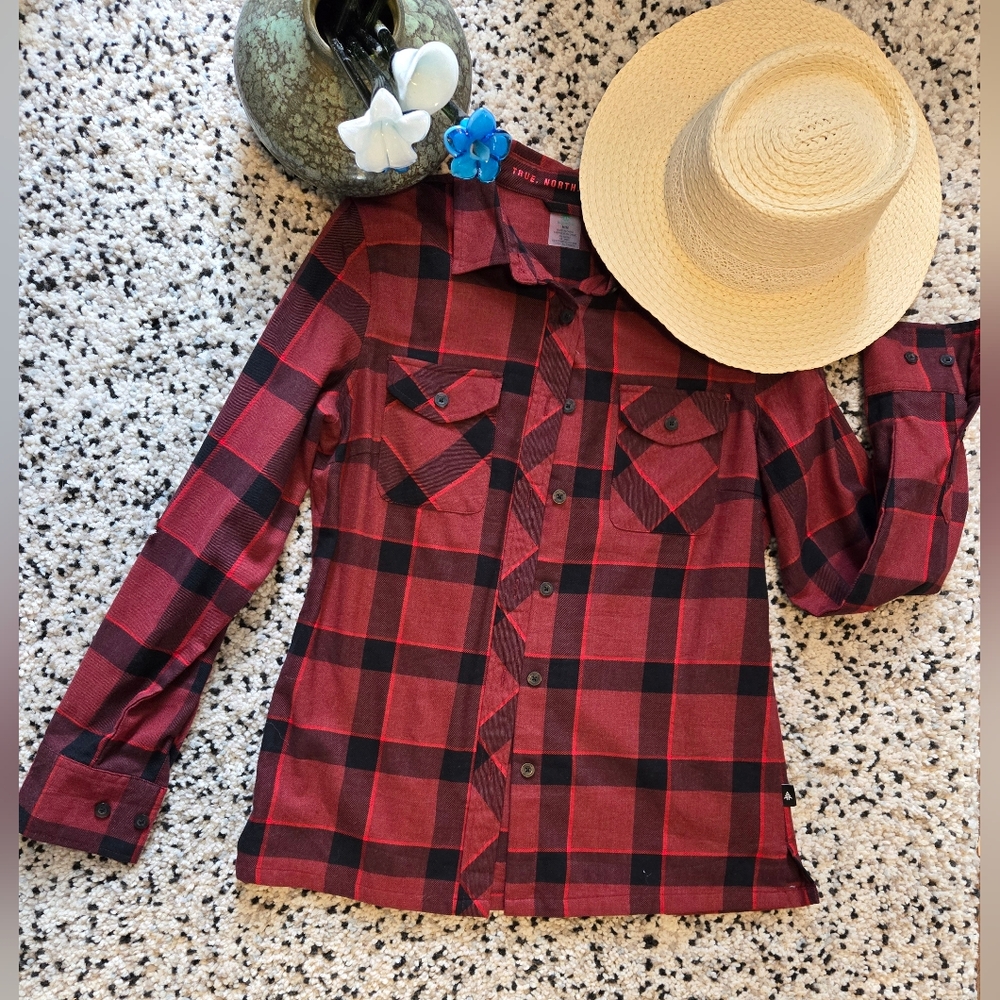 Woods brand, Red/Pink/Black plaid, long sleeved, collared, button-up shirt. Med